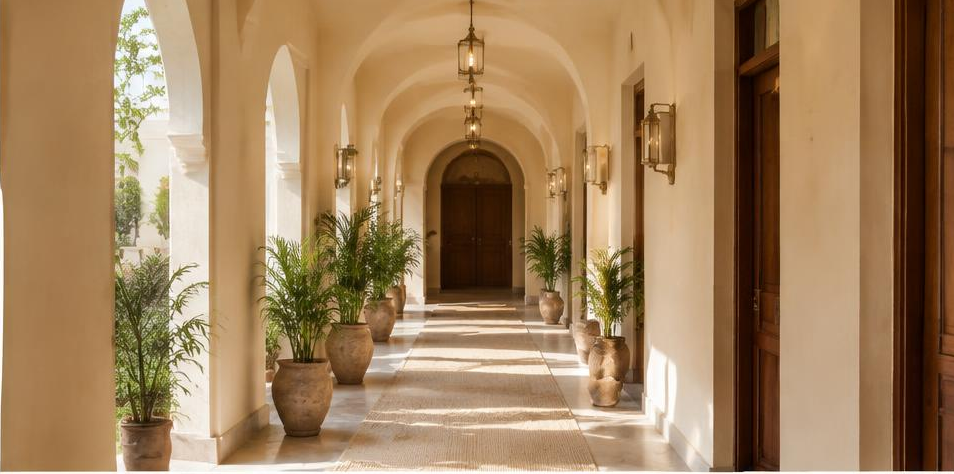 Sunlight falling through the arches of a cream hotel corridor