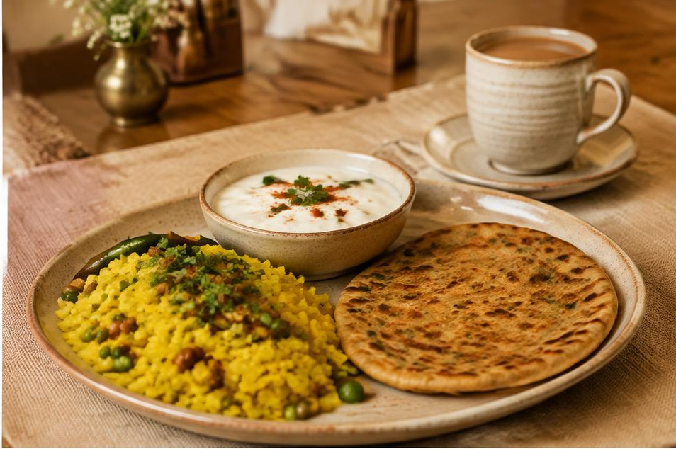 Paratha, poha, yogurt and a cup of chai for breakfast
