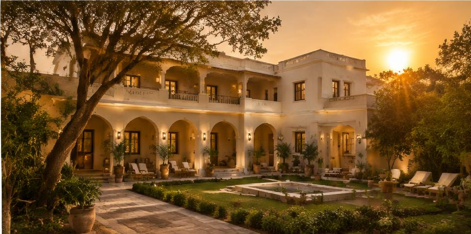 Illustrative hotel courtyard exterior at sunset