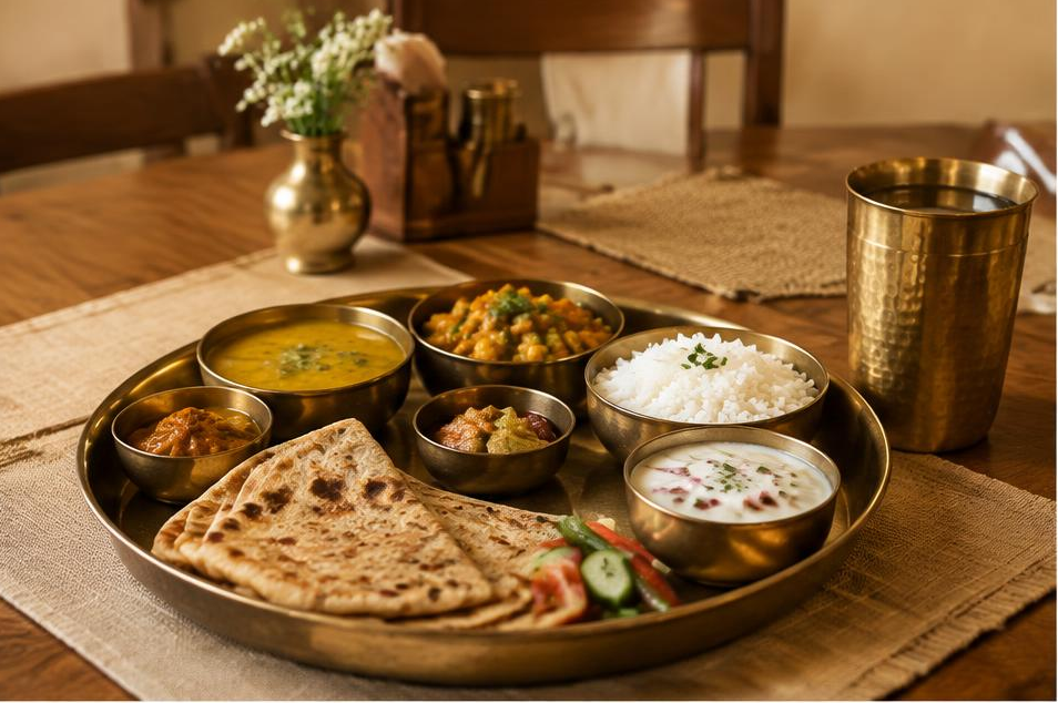 Indian thali served on a wooden table in warm natural light