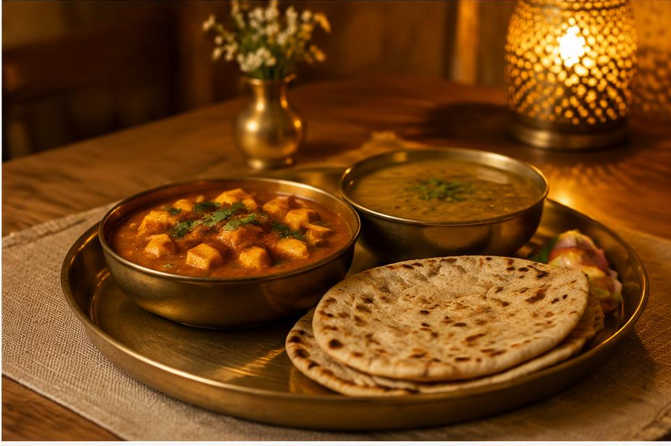 Paneer curry, dal and roti by warm evening lamplight