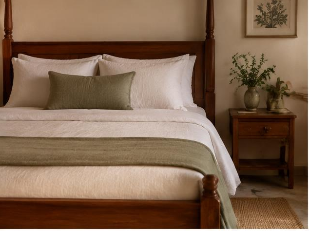 Wooden bed dressed in ivory linen