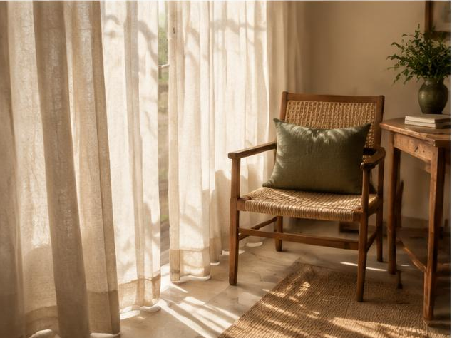 Wooden chair and softly lit linen curtains
