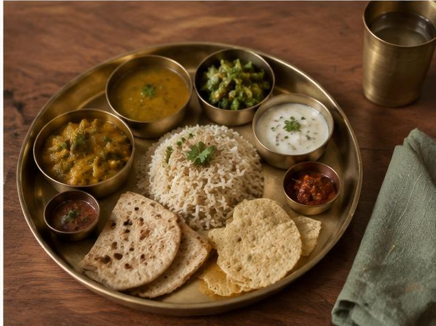 Lunch thali with dal, rice and roti