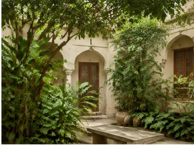 Green courtyard foliage and cream arches