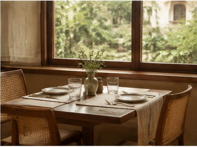 Dining table beside a sunlit window