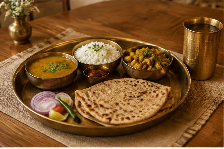 Indian lunch thali with dal, rice, roti and seasonal vegetables