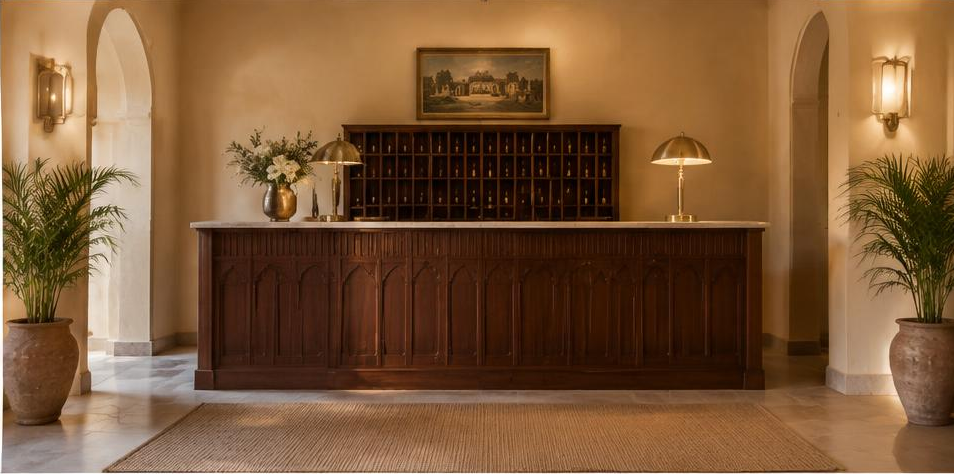 Wooden reception desk beneath a softly lit arch