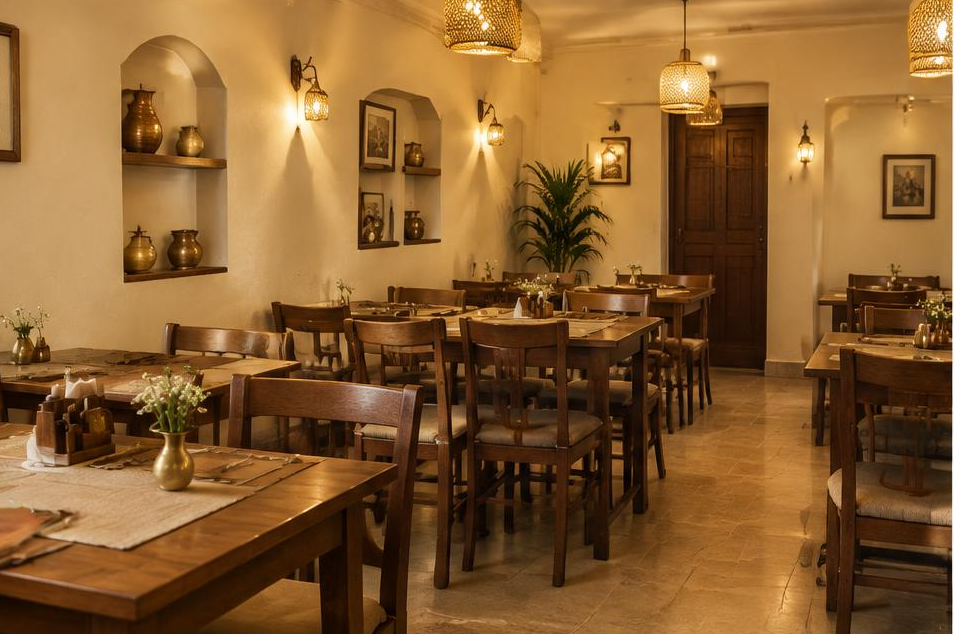Cream dining room with teak tables and warm pendant lights