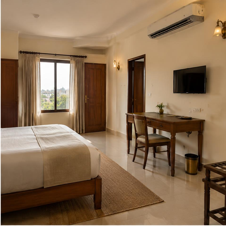 Wide view of the illustrative deluxe-ac room
