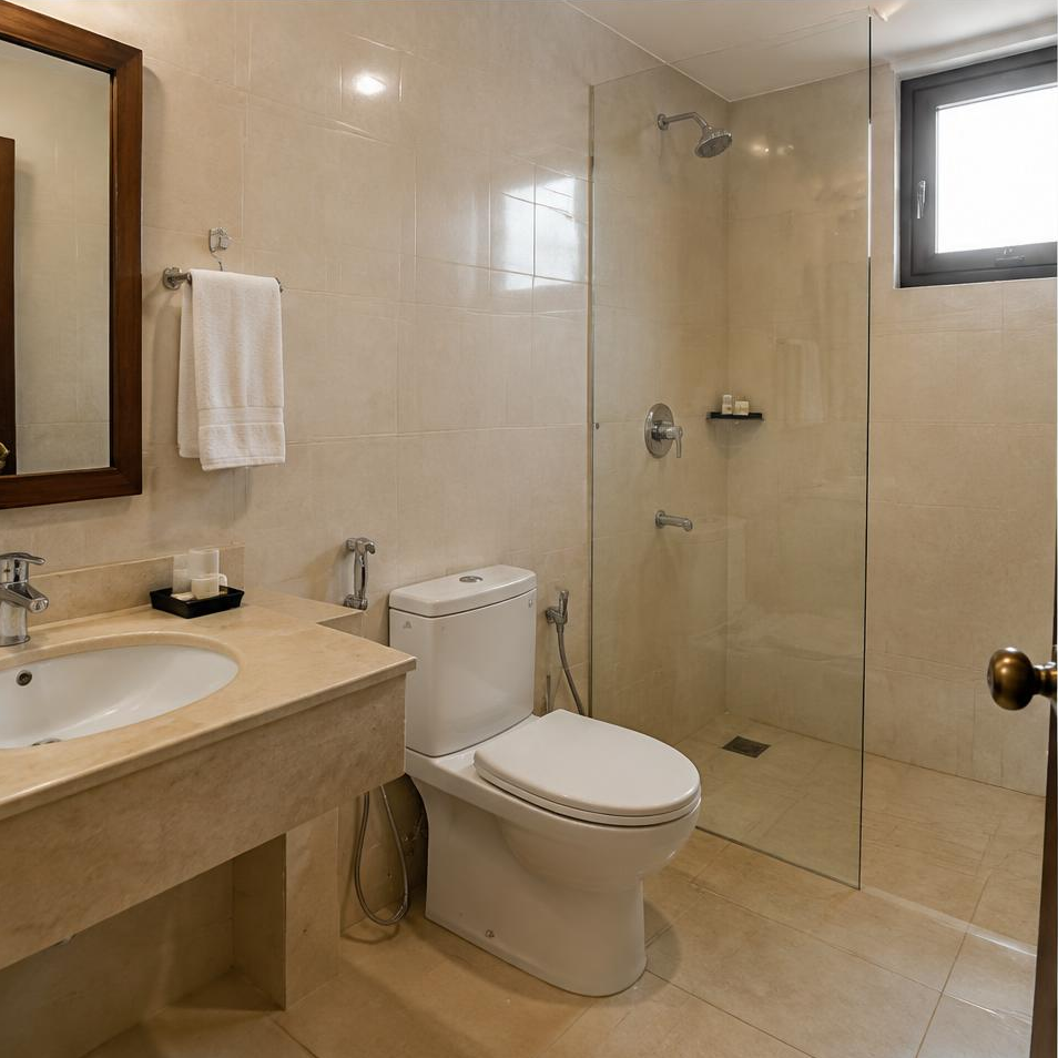 Private bathroom of the illustrative deluxe-ac room