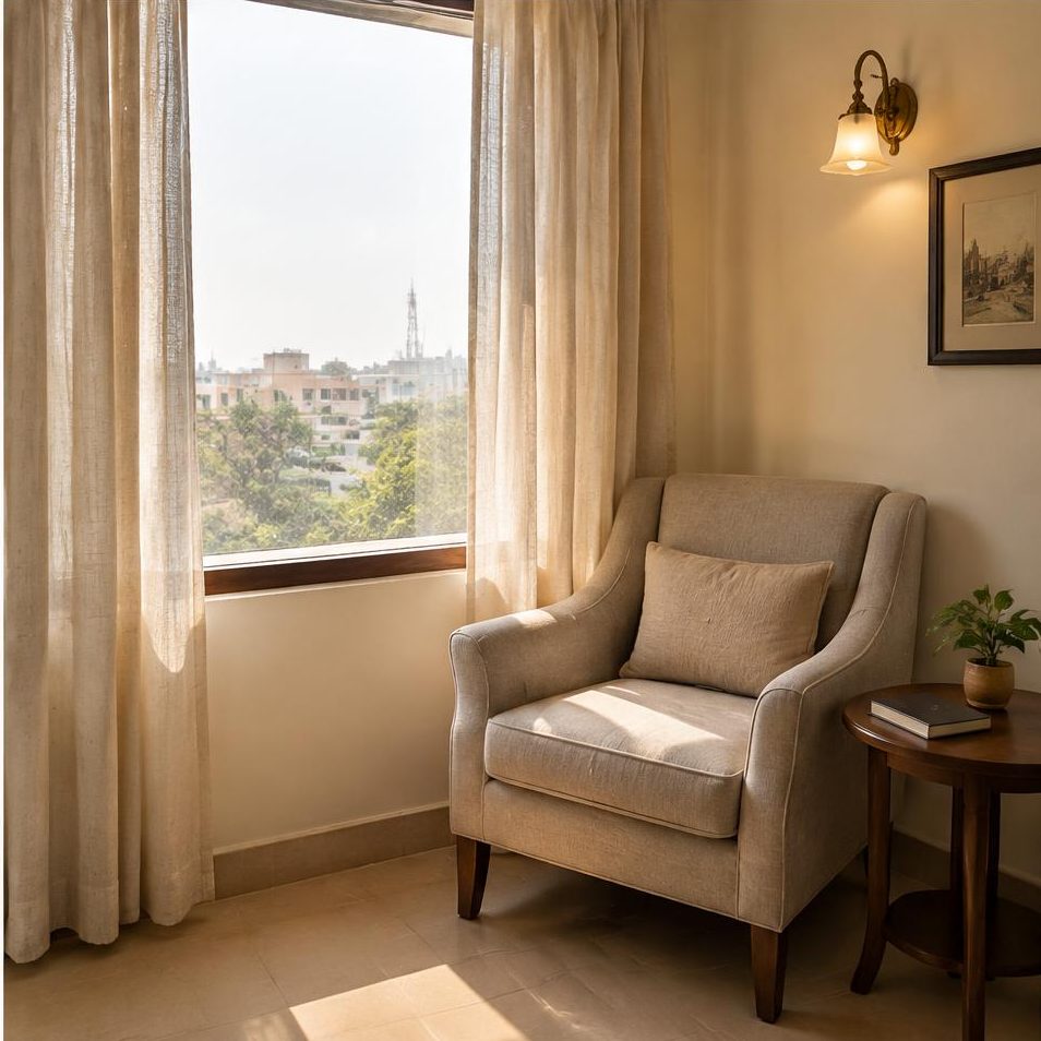 Sunlit window corner of the illustrative deluxe-ac room