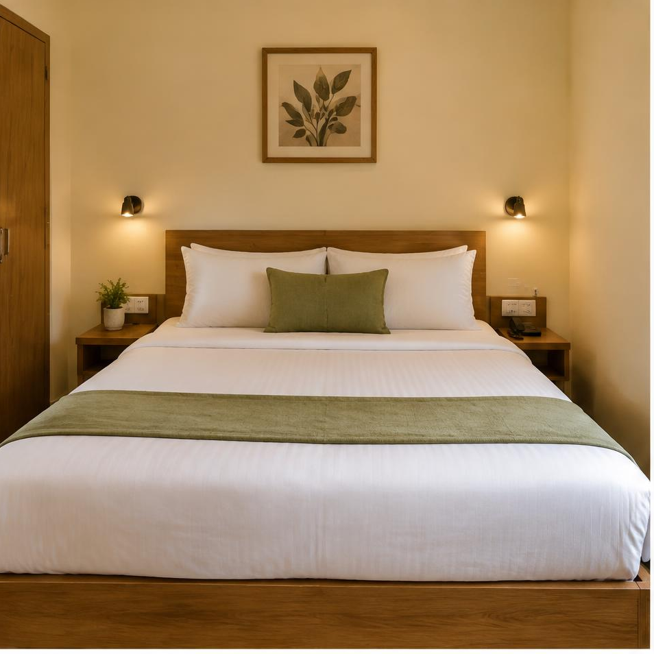 Main bed view of the illustrative standard-ac room