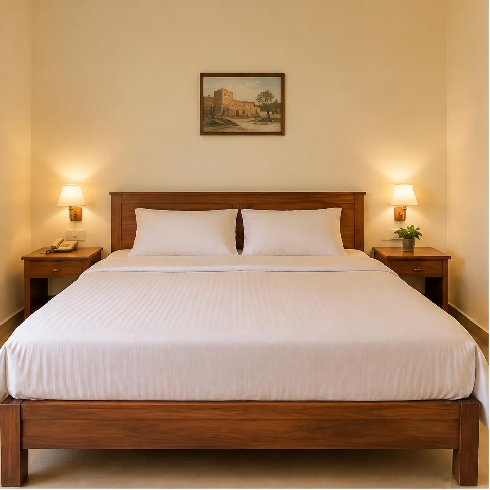 Main bed view of the illustrative standard-nonac room