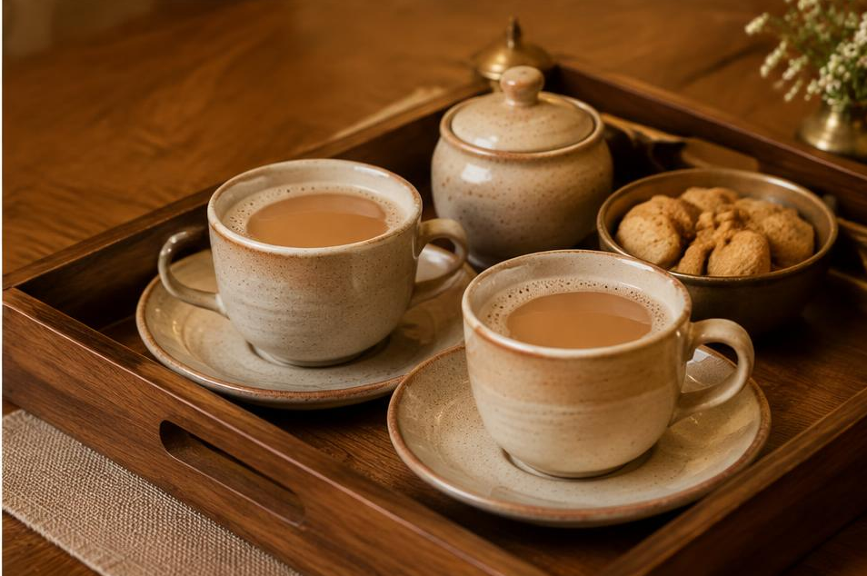 Ceramic cups of chai and a teapot on a wooden tray